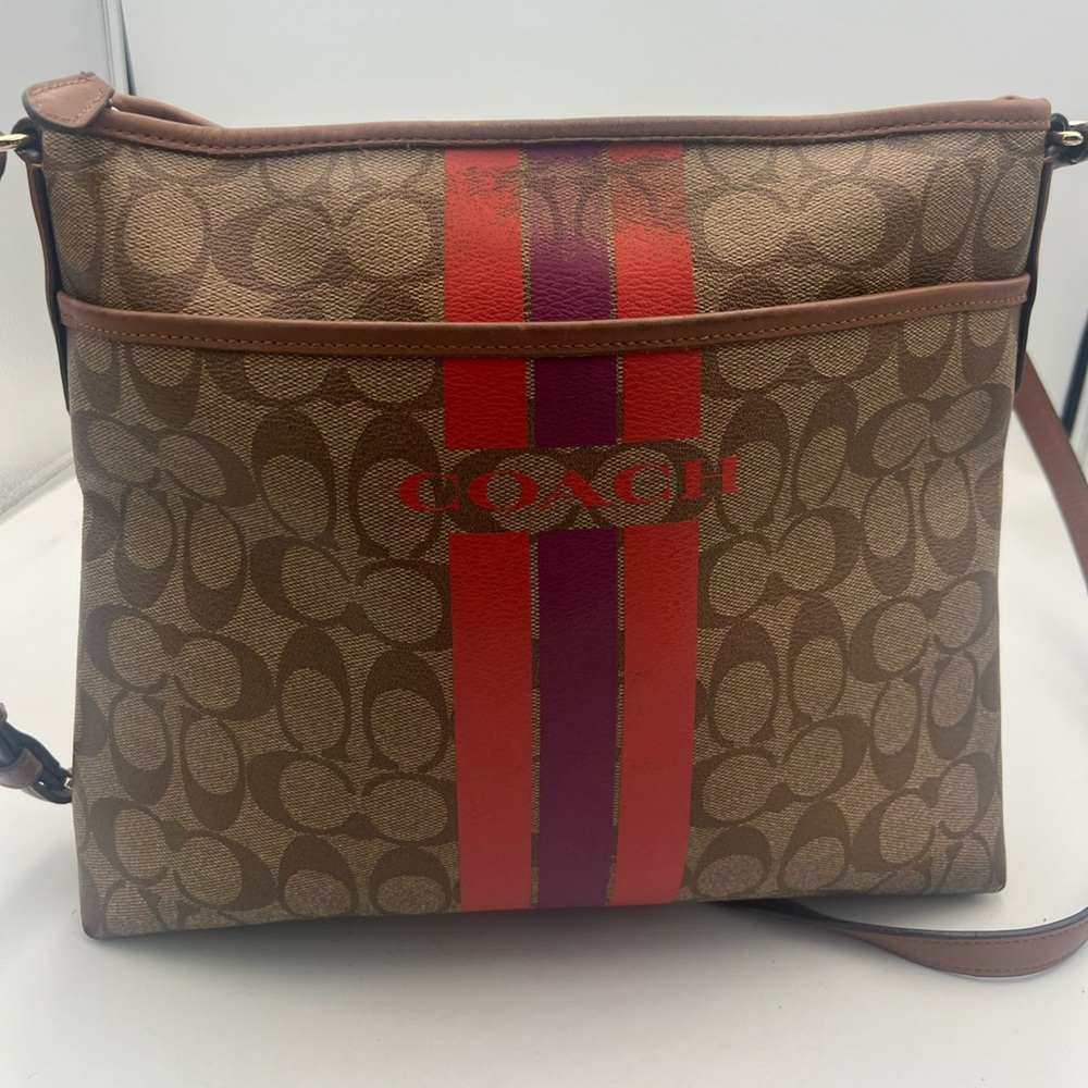 Coach Varsity Stripe Large File Rowan Crossbody Bag Purse Canvas Coated Logo